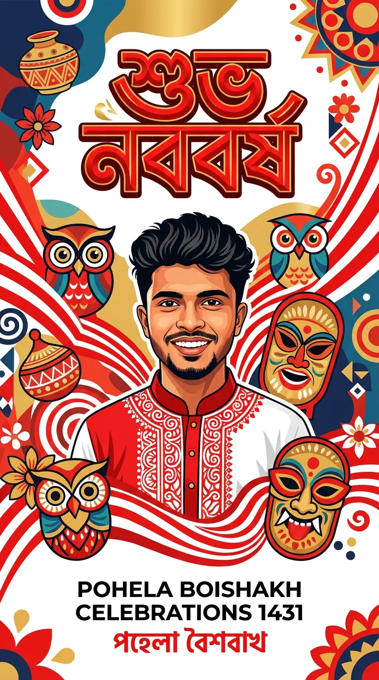নিজের ছবি দিয়ে পহেলা বৈশাখ পিকচার এডিট করার ১০টি এআই প্রম্পট, Poster Style Pohela Boishakh design