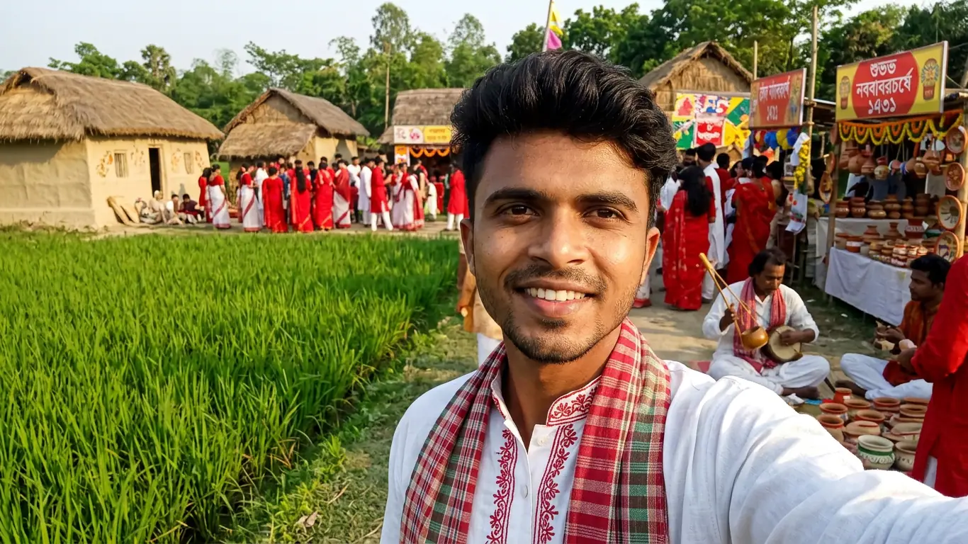 নিজের ছবি দিয়ে পহেলা বৈশাখ পিকচার এডিট করার ১০টি এআই প্রম্পট। গ্রাম বাংলার পহেলা বৈশাখ