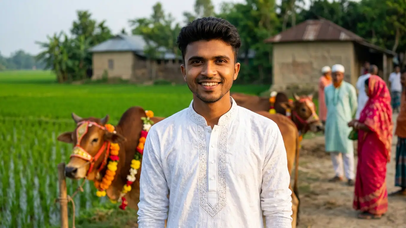 নিজের নাম ও ছবি দিয়ে ঈদুল আযহার শুভেচ্ছামূলক ছবি বানানোর সেরা ১০টি AI Prompts, কোরবানির গুরুর সামনে দাড়িয়ে ছবি তোলা