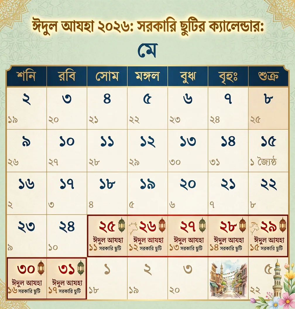 ঈদুল আযহা ২০২৬: সরকারি ছুটির ক্যালেন্ডার। ঈদুল আজহার টানা ৭ দিনের ছুটি: কবে শুরু, কবে শেষ?