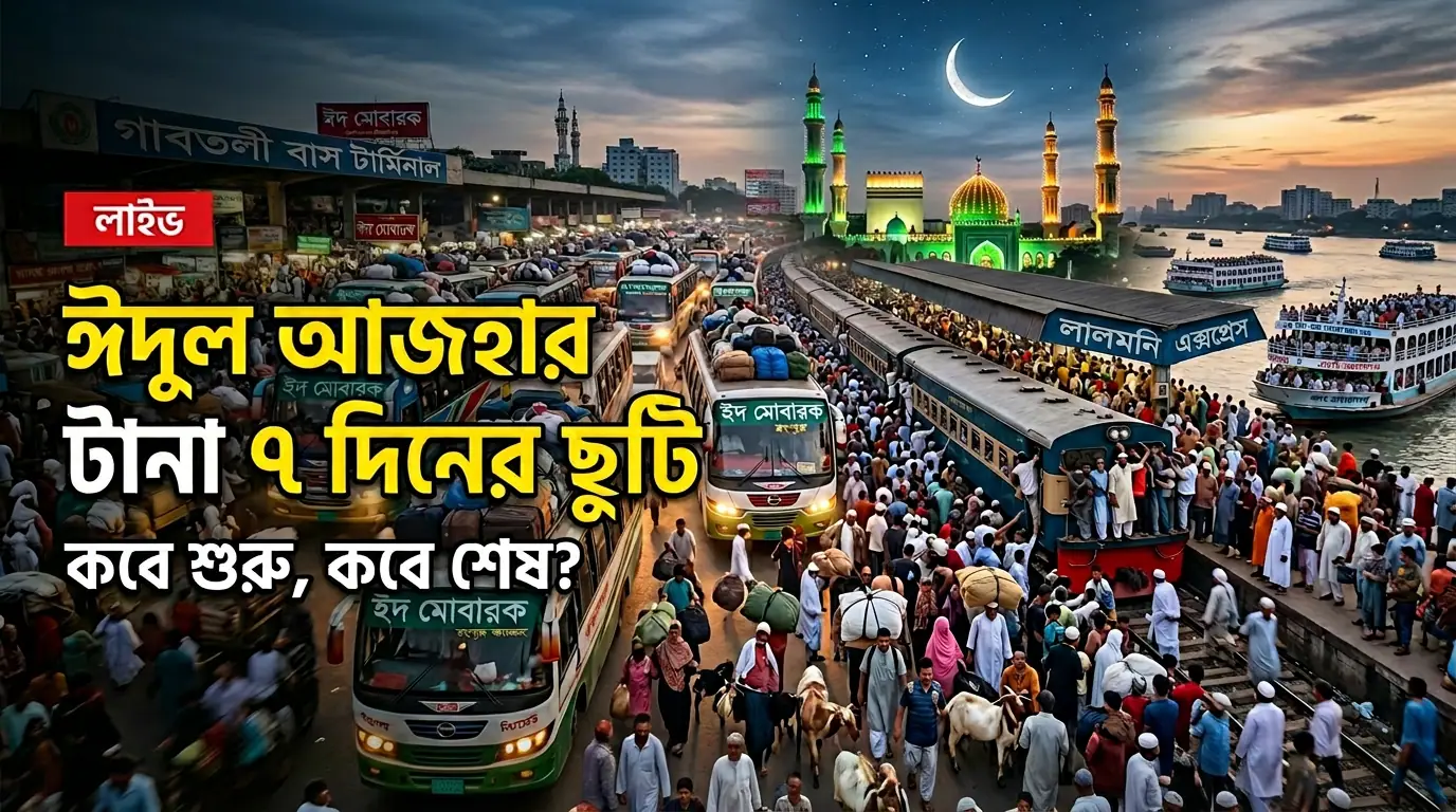 ঈদুল আজহার টানা ৭ দিনের ছুটি: কবে শুরু, কবে শেষ?, ঈদুল আযহা ২০২৬: ব্যাংক কবে থেকে বন্ধ হবে এবং কবে খুলবে?, গার্মেন্টসে ঈদুল আযহা বা ঈদের ছুটি ২০২৬ কবে থেকে শুরু হয়ে কবে শেষ হবে?