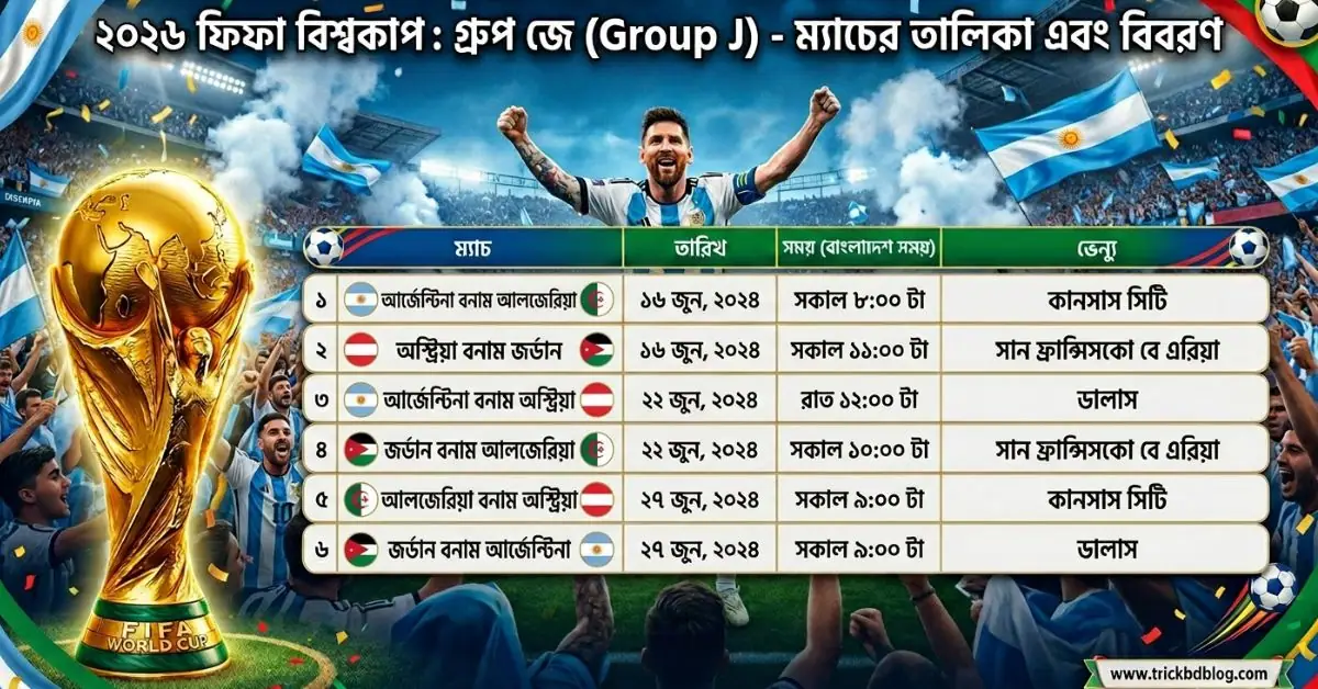 ২০২৬ ফিফা বিশ্বকাপ: আর্জেন্টিনার গ্রুপ পর্বের সকল ম্যাচের পূর্ণাঙ্গ সময়সূচি, আর্জেন্টিনার খেলা কবে 2026 সময় সূচি, এক নজরে আর্জেন্টিনার গ্রুপ পর্বের ম্যাচগুলোর বিবরণ